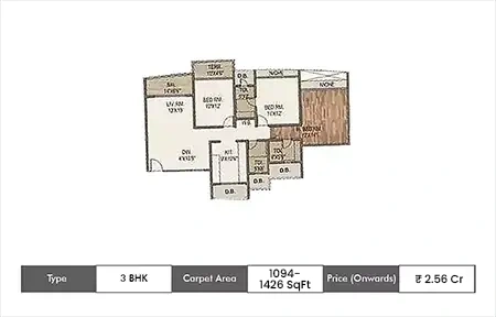 Sai World Empire 3 BHK floor plan, 1094 sq ft carpet area